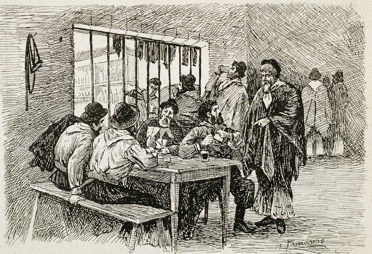 Argentina (20. století). "Pulperia", hostinec a obchod s alkoholem. Ilustrace T. Tamarera. Rytina od Artist Unknown