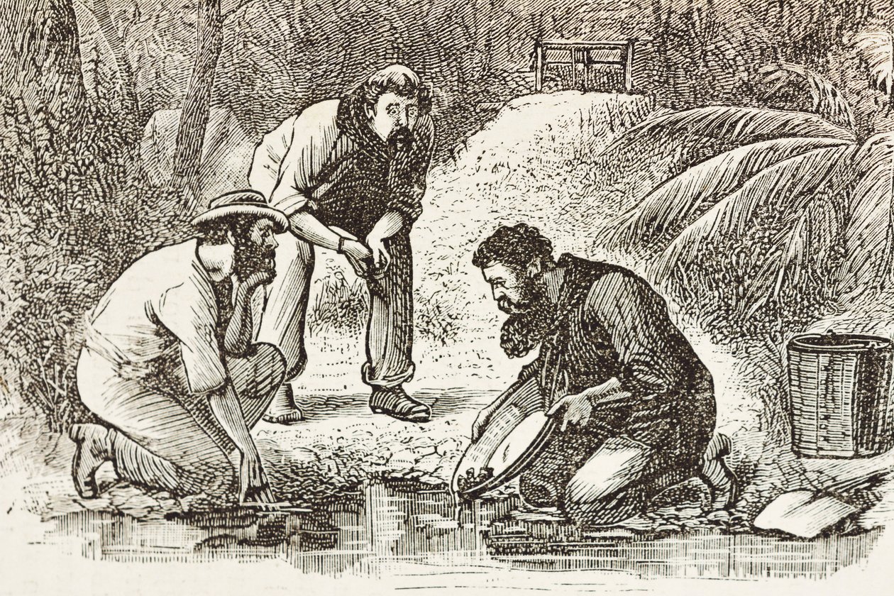 Austrálie (1880). Život zlatokopů v Botany Bay (založeno v roce 1788). Rytina. Soukromá sbírka od Artist Unknown