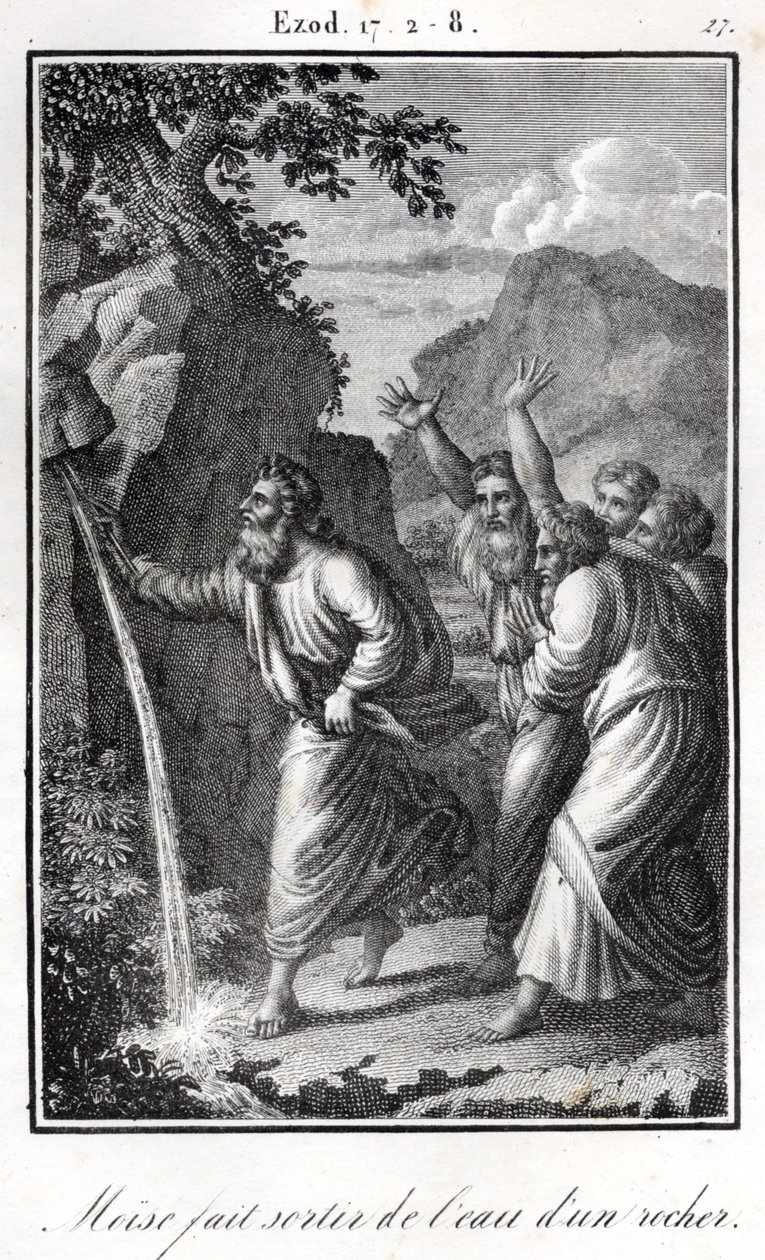 Bible- Mojžíš udeřil do skály a vytryskla z ní voda Exodus (rytina) od Artist Unknown