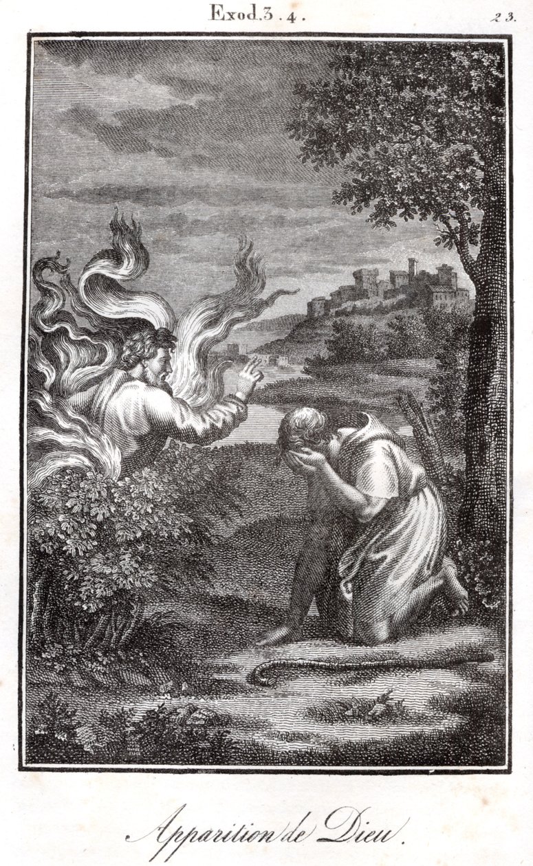 Bible - Mojžíš a hořící keř Mojžíšovi se z hořícího keře zjevuje Bůh. od Artist Unknown