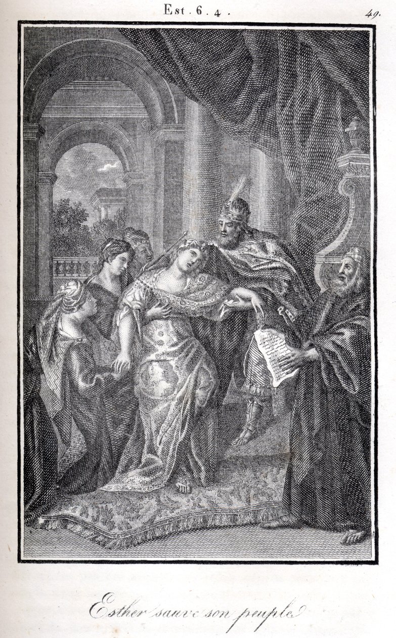 Bible, Ester zachránila svůj lid tím, že řekla Achazeurovi, že ji Haman chce zabít (rytina) od Artist Unknown