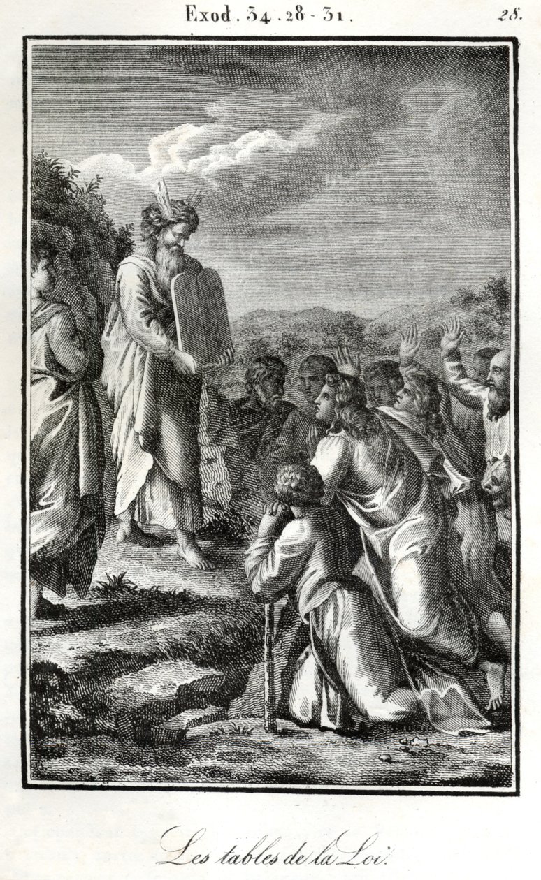 Bible, Mojžíš ukazující dvě desky s deseti přikázáními (rytina) od Artist Unknown