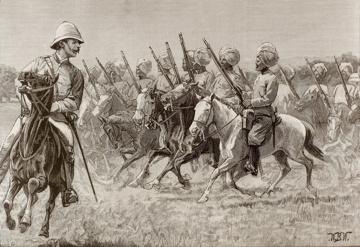 Britské impérium (19. století). Nové pluky v Barmě. Rota jízdní pěchoty druhého pluku. Rytina. od Artist Unknown