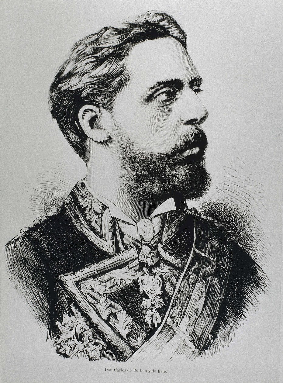 CARLOS VII, Carlos Maria de los Dolores de Borbon y Austria-Este (1848-1909). Karlistický pretendent na španělský trůn jako Carlos VII. Španělsko. Karlismus. Karel VII, karlistický pretendent na španělský trůn. Publikováno v "La ilustracion Espanola y Amer od Artist Unknown