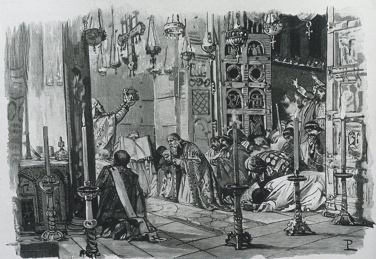 CHARLEMAGNE neboli Karel I. (742-814). Král Franků a Lombardů (768-814) a císař Svaté říše římské (800-814). Korunovace Karla Velikého císařem Svaté říše římské (800). Rytina. od Artist Unknown