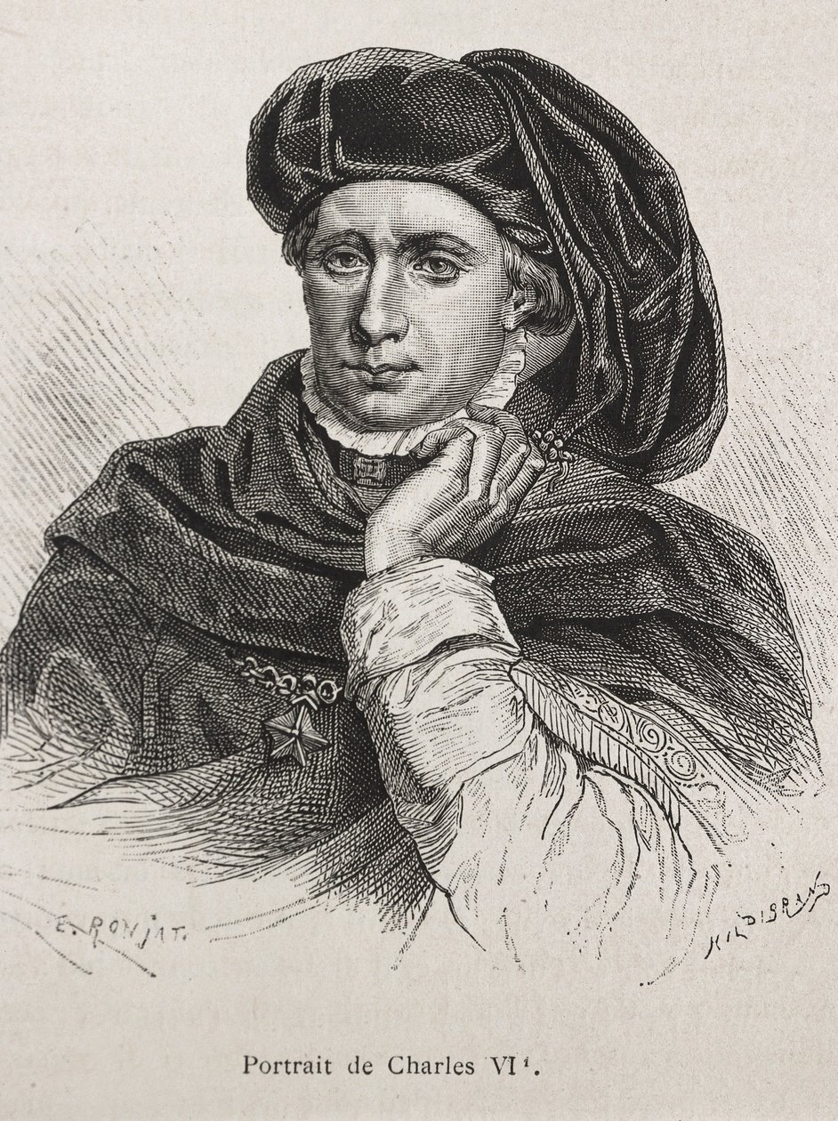 KAREL VI. francouzský, zvaný "Milovaný" (1368-1422). Francouzský král (1380-1422), dynastie Valois. Rytina. od Artist Unknown