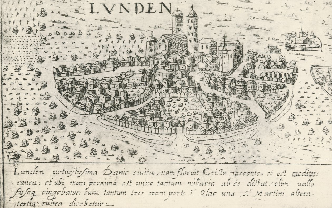 Město Lund, které ve středověku patřilo Dánsku, rytina od Artist Unknown