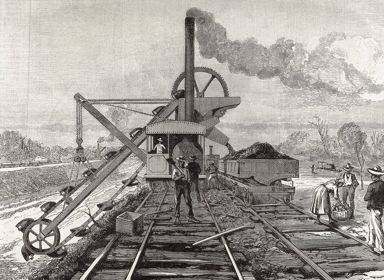 Výstavba Panamského průplavu. Bagrovací práce ve vesnici Culebra. Původní kresba Meltora Priora. Obrázek zveřejněn v "The Illustrated London News". Rytina. od Artist Unknown