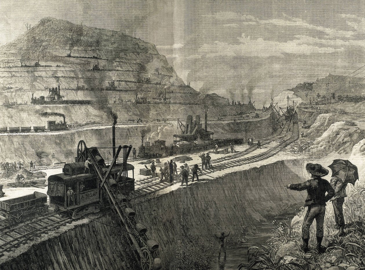 Výstavba Panamského průplavu. Bagrovací práce ve vesnici Culebra. Původní kresba Meltora Priora. Obrázek zveřejněn v "The Illustrated London News". Rytina. od Artist Unknown
