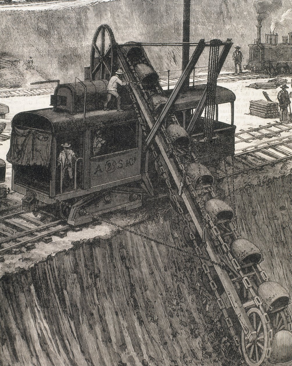Výstavba Panamského průplavu. Bagrovací práce ve vesnici Culebra. Původní kresba Meltora Priora. Obrázek zveřejněn v "The Illustrated London News". Rytina. od Artist Unknown