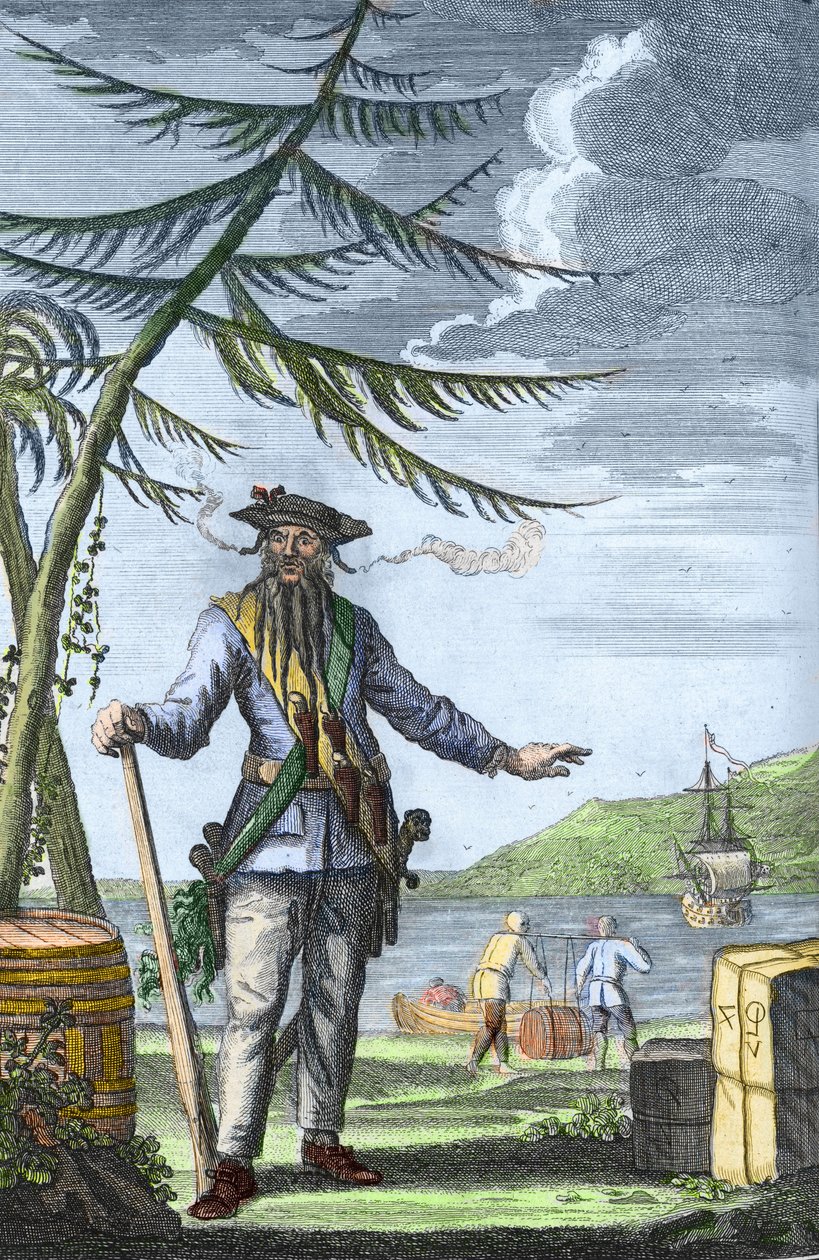 Edward "Černovous" Teach (1680) - 1718) - kapitán Edward Teach (Thatch) dit Barbenoire (Černovous nebo Černovous nebo Černovous). od Artist Unknown