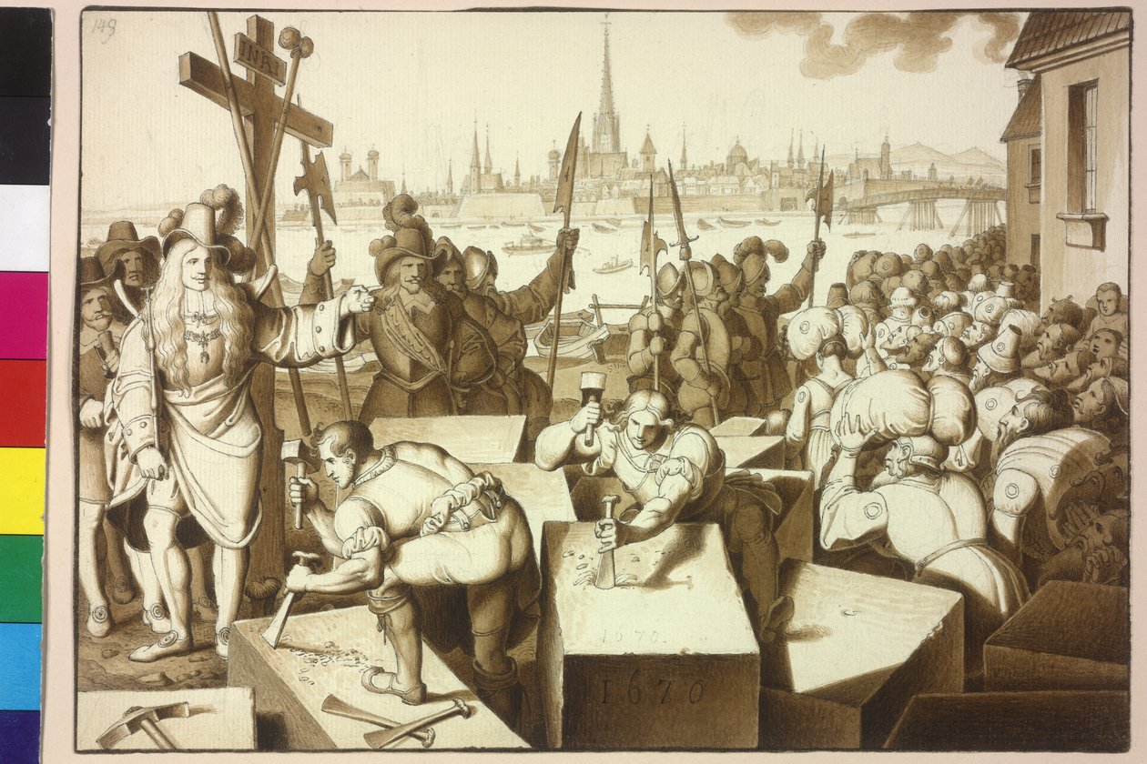 Císař Leopold I. vyhání Židy a nechává v Leopoldstadtu stavět boží domy od Artist Unknown