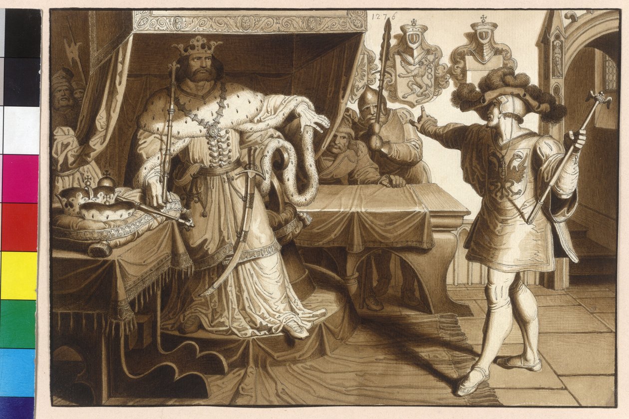 Císař Rudolf Habsburský postuluje králi Otakaru II. svým heroldem restituci císařského léna Rakousko a Štýrsko na... od Artist Unknown