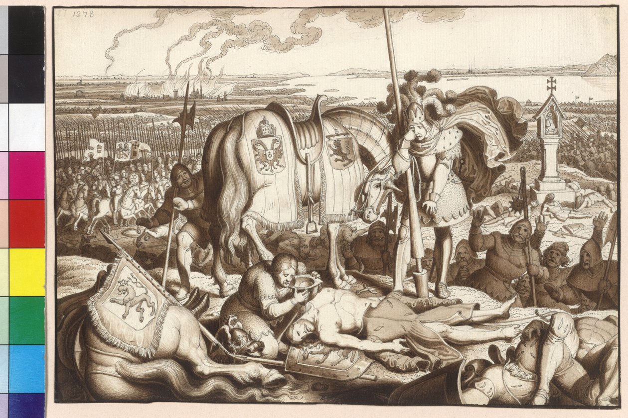 Císař Rudolf pláče na bitevním poli nad umírajícím králem Otakarem od Artist Unknown
