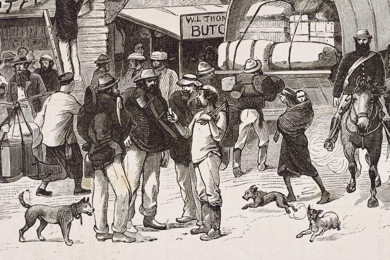 Anglie (19. století). Kolonizace (1880). Život zlatokopů v Austrálii. Anglická kolonie Botany Bay (založena v roce 1788) a zpočátku osídlena převážně zločinci, kteří se stali prospektory a obchodníky. Rytina. Soukromá sbírka od Artist Unknown