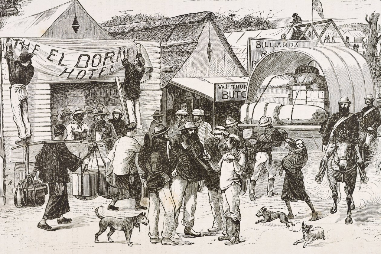 Anglie (19. století). Kolonizace (1880). Život zlatokopů v Austrálii. Anglická kolonie Botany Bay (založena v roce 1788) a zpočátku osídlena převážně zločinci, kteří se stali prospektory a obchodníky. Rytina. Soukromá sbírka od Artist Unknown