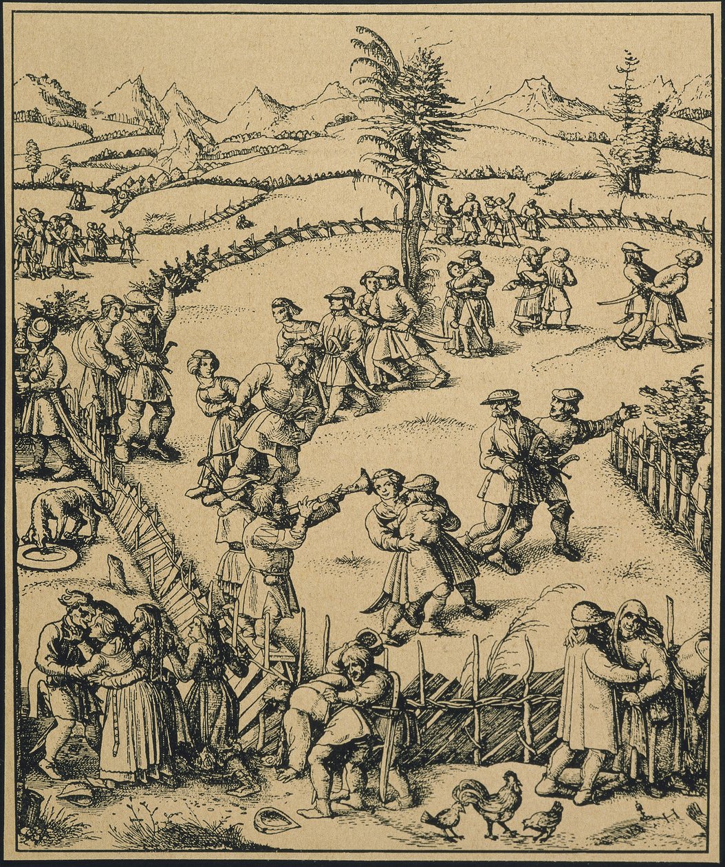 Farmářská oslava na německém statku ("Der Jahrmarkt"). Hudba a tanec. (rytina) od Artist Unknown