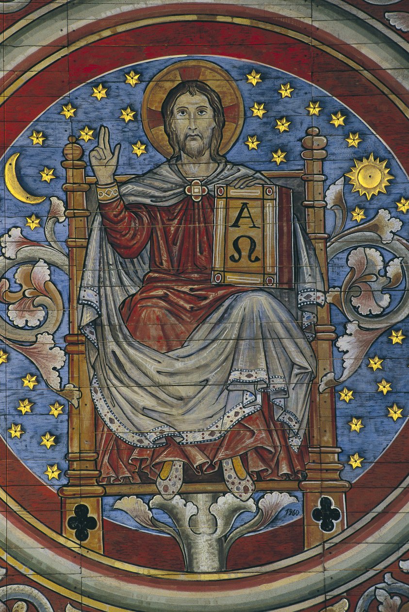 NĚMECKO. DOLNÍ SAXONIE. Hildesheim. Kostel sv. Michaela. Kristus na trůně, detail dřevěného stropu (13. století). Románské umění od Artist Unknown