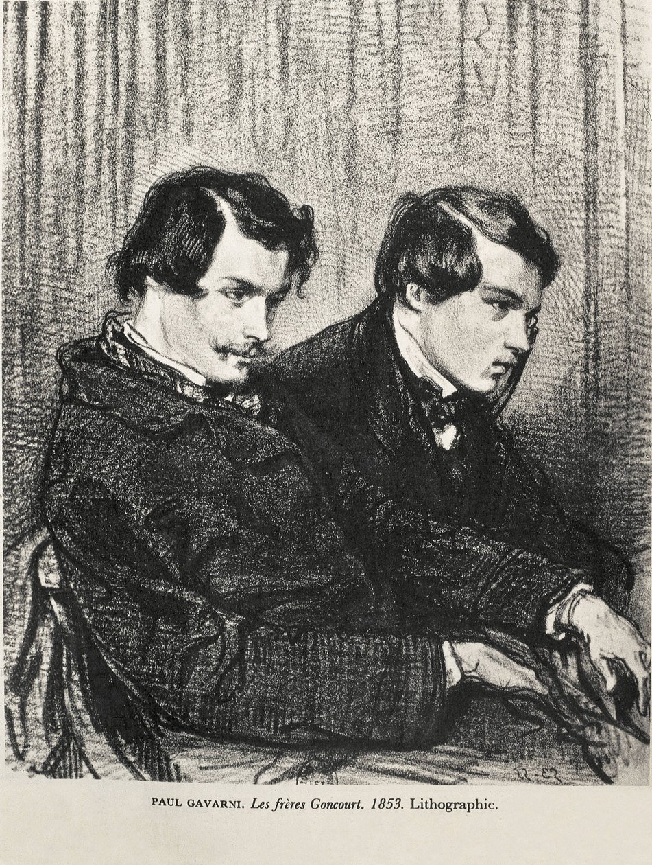 Gavarni, Hippolyte-Guillaume-Sulpice Chevalier, zvaný Paul (1804-1866). Edmond a Jules de Goncourt v lóži v divadle. 1853. GONCOURT, Edmon Huot z (1822-1896). Anglický spisovatel; GONCOURT, Jules Huot de (1830-1870). Anglický spisovatel. Litografie. Priv od Artist Unknown