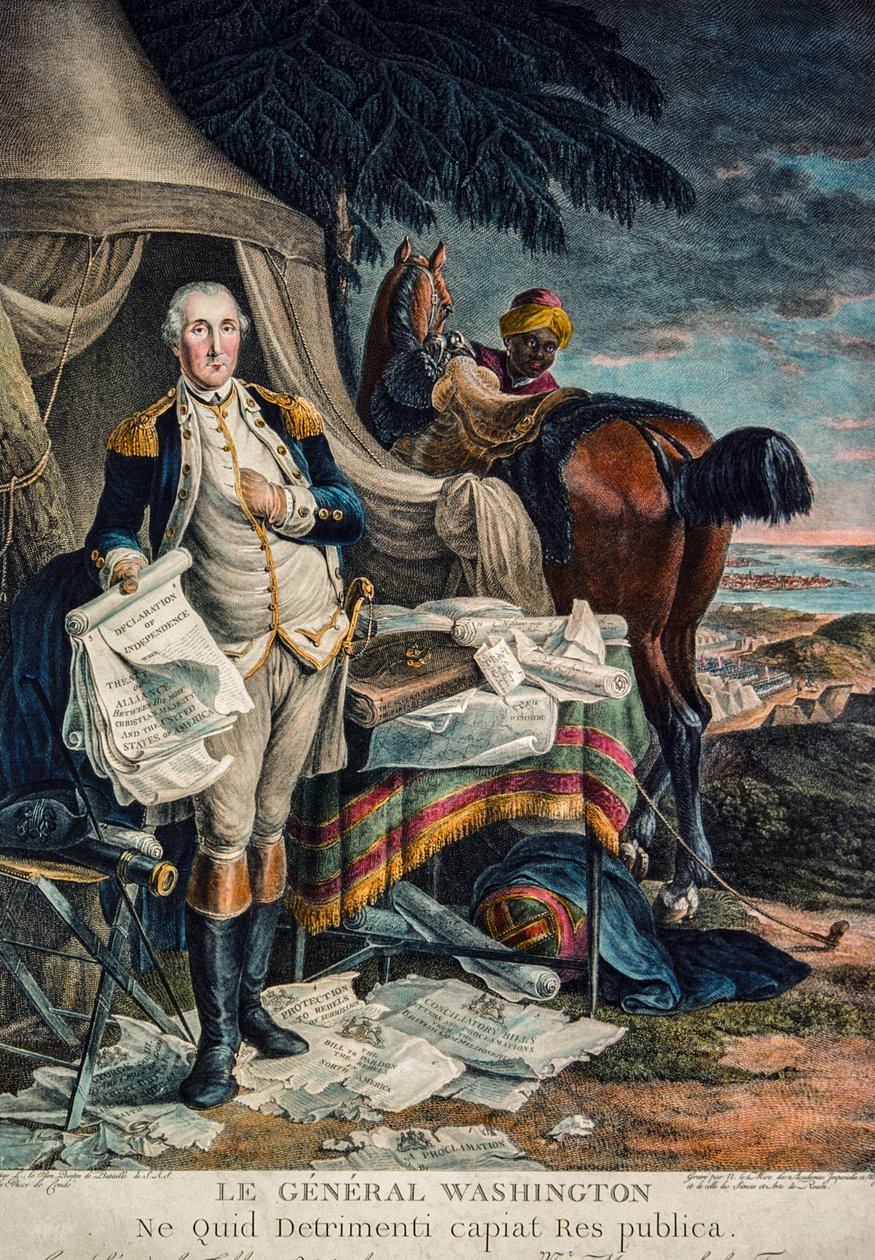 George Washington v bojovém táboře s Deklarací nezávislosti (ručně kolorovaná rytina) od Artist Unknown
