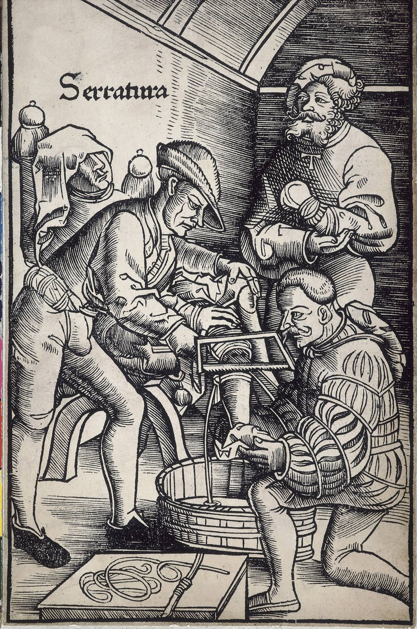 Gersdorff, Hans von (1455 - 1529). Německý chirurg. Amputace nohy. Dřevoryt Hanse Wechtlina pro knihu "Feldtbuch der Wundartzney" (Polní kniha chirurgie). od Artist Unknown