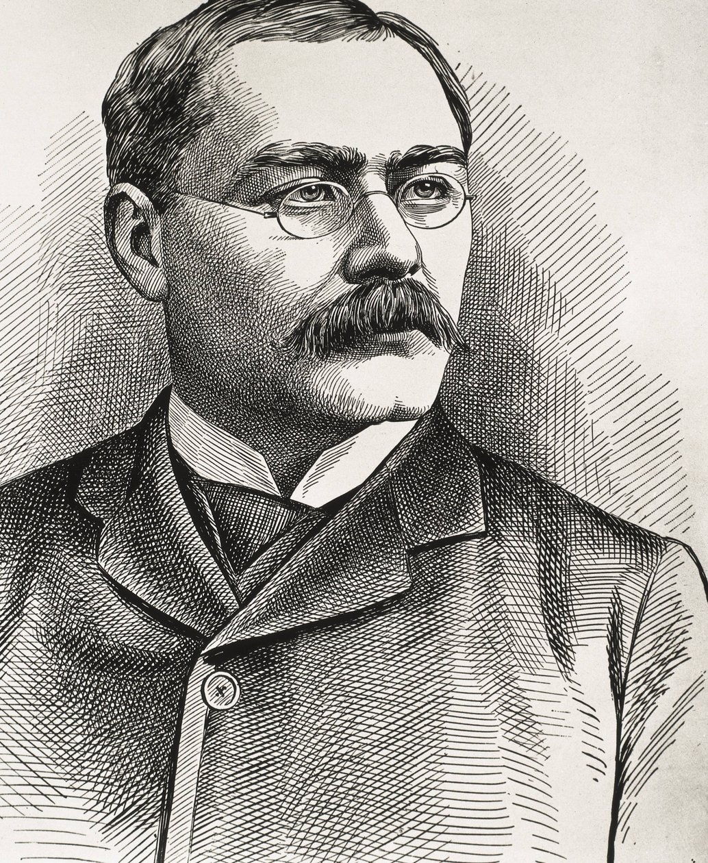 KIPLING, Rudyard (1865-1936). Britský spisovatel, narozený v Indii. Nobelova cena za literaturu 1907. Kiplingův portrét. Rytina. od Artist Unknown