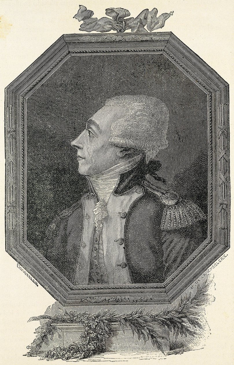 Lafayette, Marie Joseph Gilbert Motie Motier, markýz (1757-1834). Francouzský šlechtic a voják, liberální ideologie. Lept od Artist Unknown