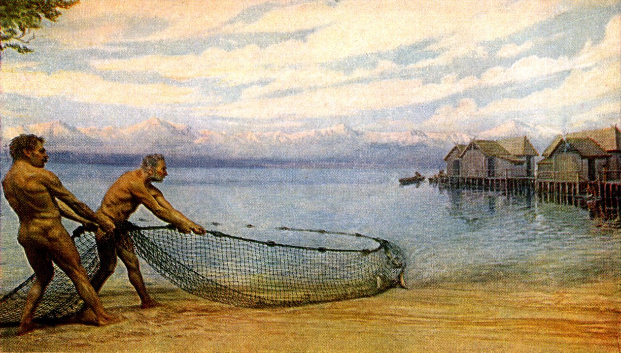 Obyvatelé jezera při rybaření, Pravěký člověk (tisk) od Artist Unknown