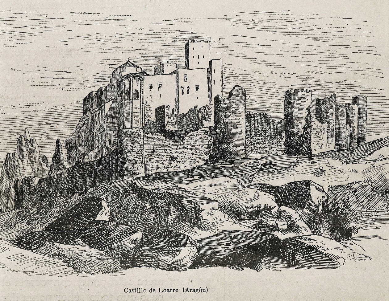 Loarre. Románský hrad. Rytina. ŠPANĚLSKO. ARAGON. Zaragoza. Generální vojenská akademie od Artist Unknown