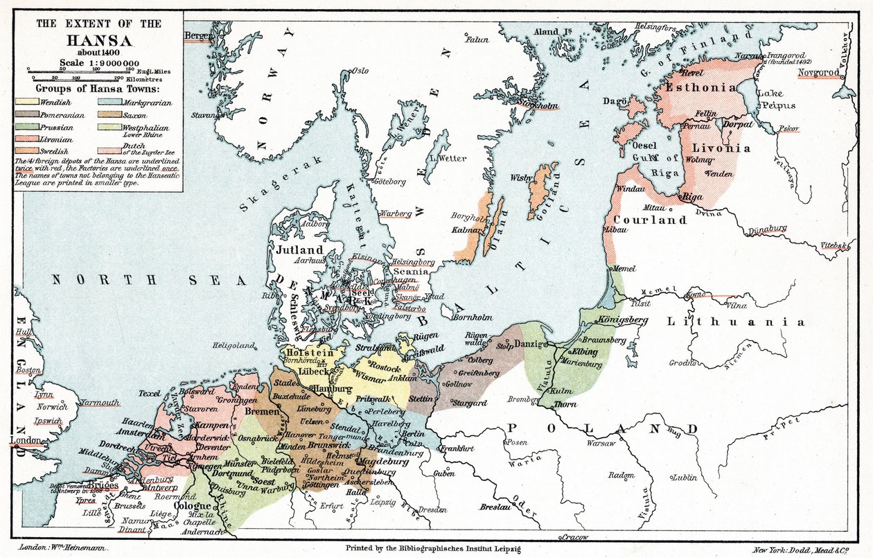 Mapa rozlohy Hanzy kolem roku 1400 (tisk) od Artist Unknown