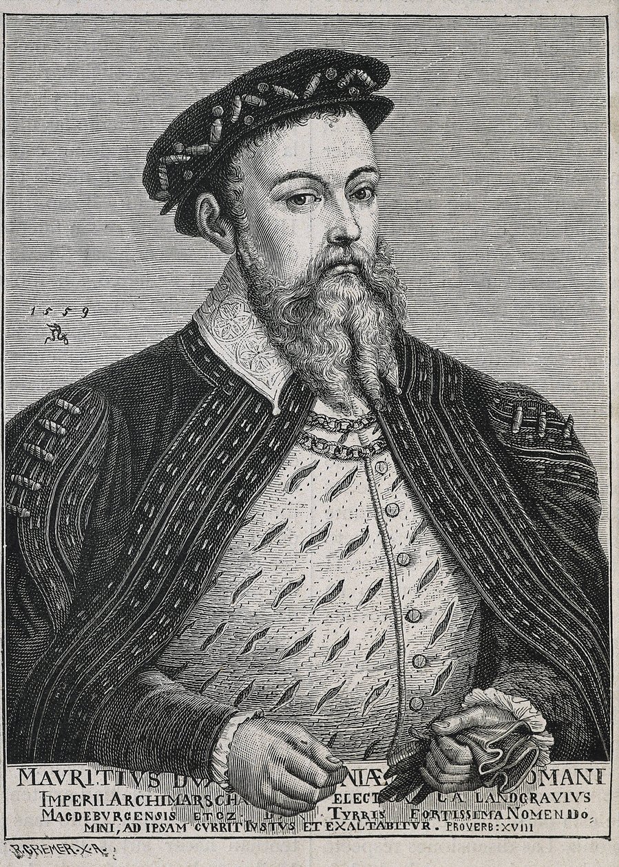 Mořic Saský (1521-1553). Saský vévoda (1541-47) a později kurfiřt (1547-53). Od roku 1539 protestant. Portrét podle obrazu Lucase Cranacha. Rytina od Artist Unknown