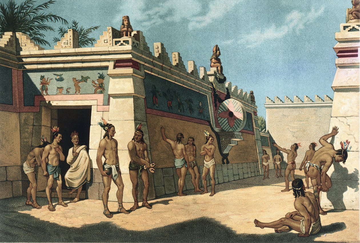 Mayská civilizace, mezoamerická míčová hra, litografie od Artist Unknown