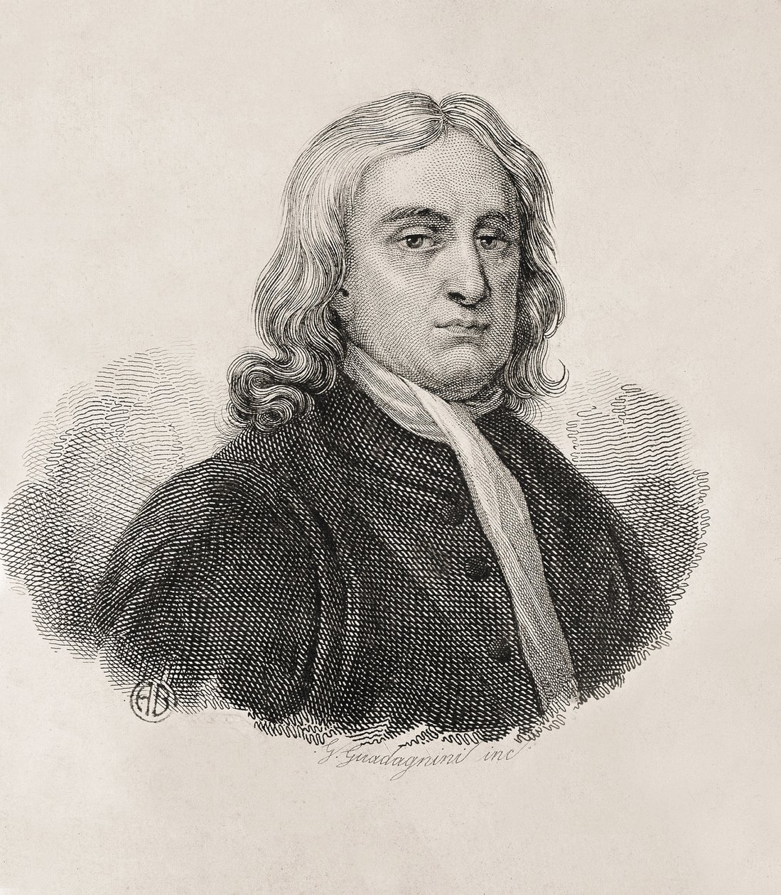 Newton, sir Isaac (1642-1727). Anglický matematik, fyzik a astronom; GUADAGNINI, Gaetano (1800-1860). Italský rytec. Portrét Isaaca Newtona, dílo Gaetana Guadagniniho. Rytina. ITÁLIE. LOMBARDY. Milán. Civica Raccolta delle Stampe "Achi od Artist Unknown