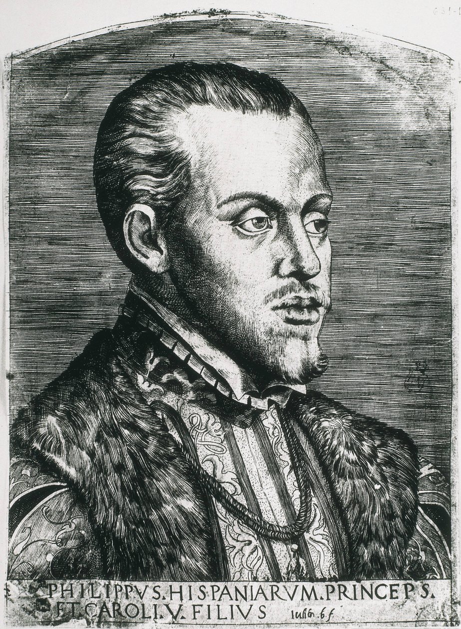 FILIP II. španělský (1527-1598). Španělský (1556-1598) a portugalský (1580-1598) král. Portrét Filipa ještě jako prince. Xylografie. od Artist Unknown