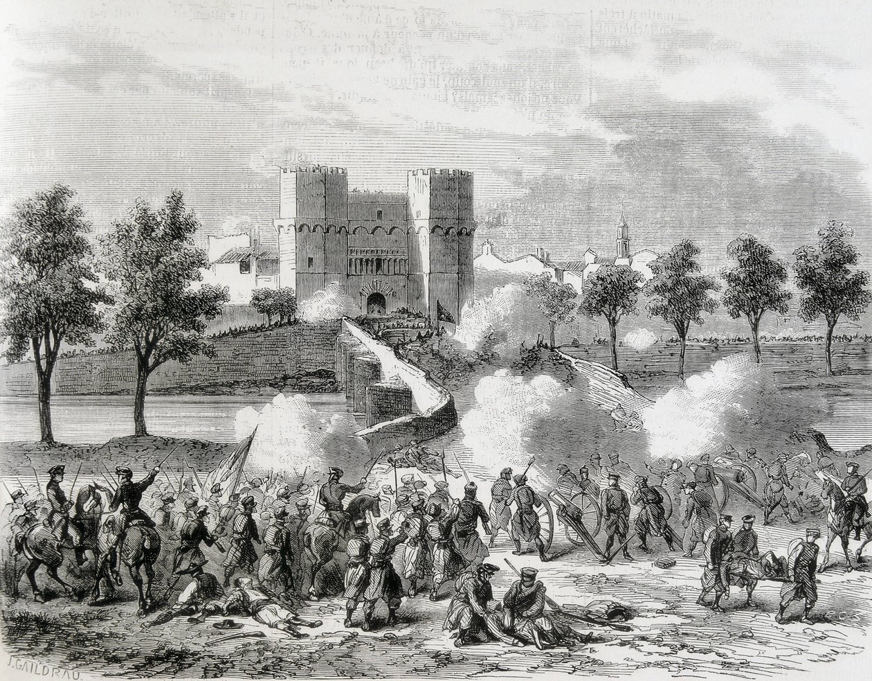 Španělsko (1868). Slavná revoluce. Útok vládních vojsk na bránu Serrans ve Valencii. Rytina z knihy "Ilustrace. Jorinal Universal". Lept od Artist Unknown