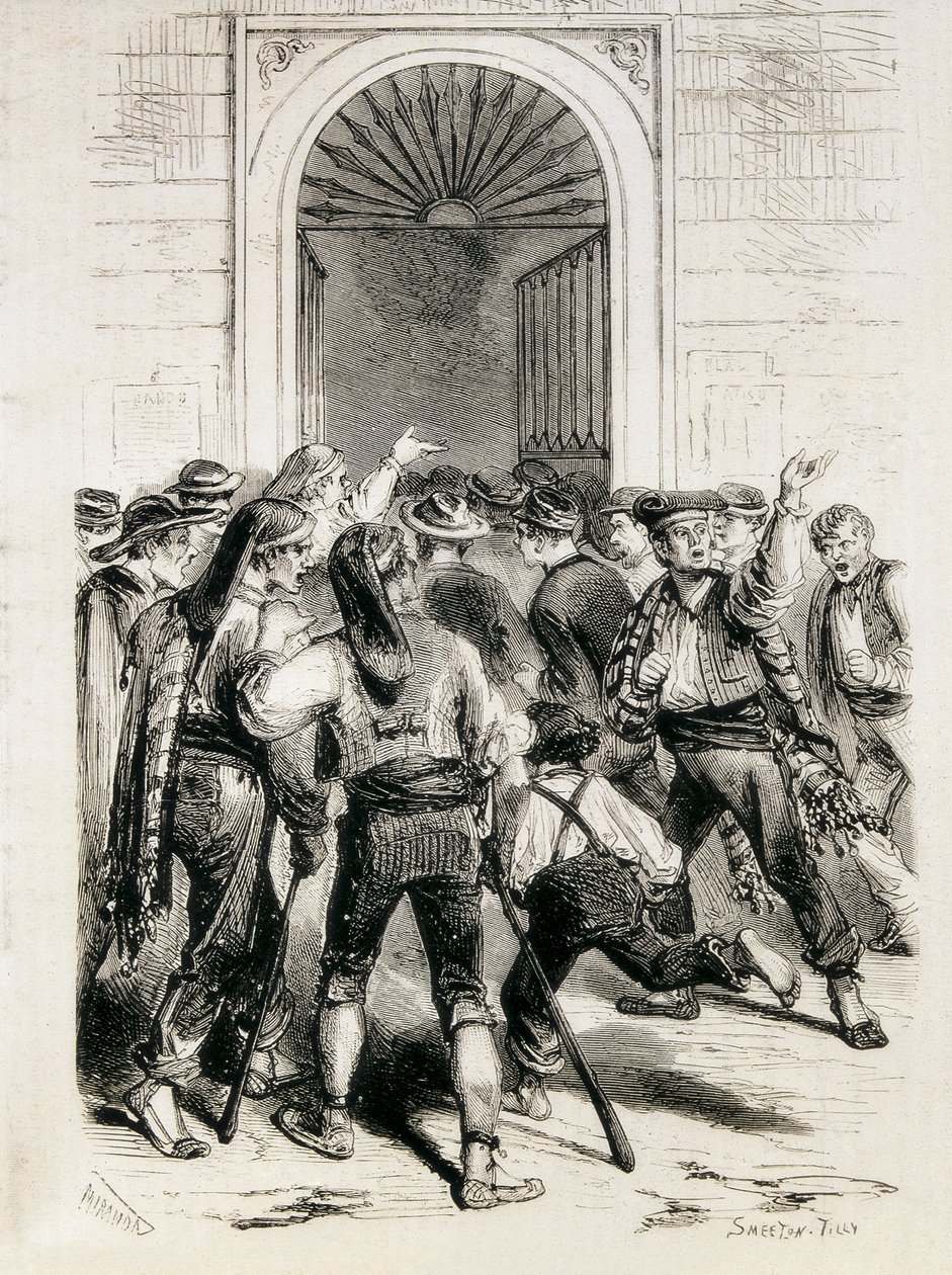 Španělsko (1873). Vyhlášení první republiky a útok na barcelonskou radnici (11. února 1873). Lept. od Artist Unknown