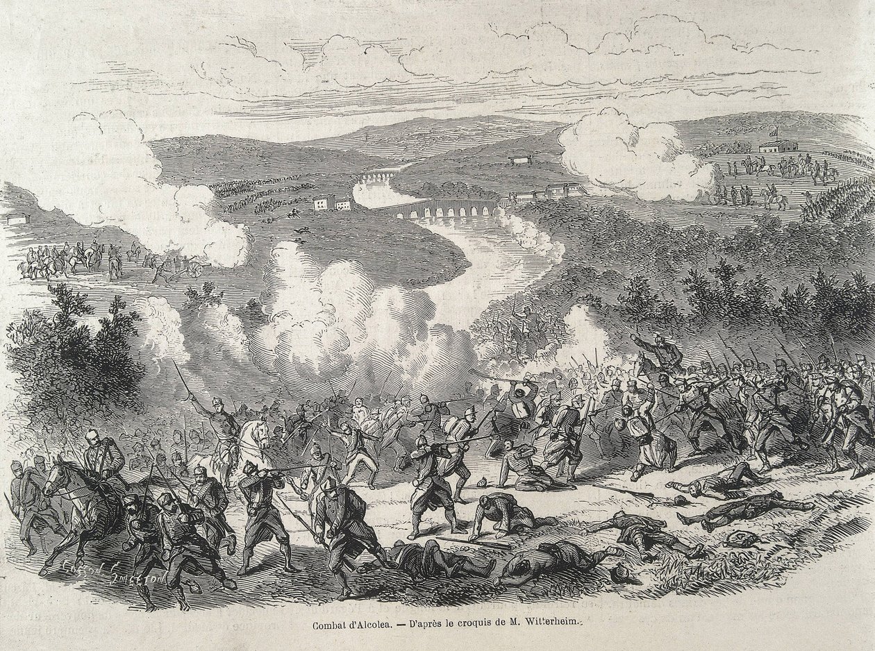 Španělsko. Revoluce v roce 1868. Bitva u Alcolea (20. září), která vyvrcholila sesazením Isabely II. z trůnu. Rytina od Artist Unknown