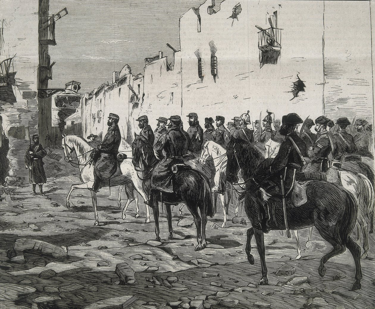 Španělsko. První republika (1873-1874). Kanton Cartagena. Generál José Lopez Dominguez v Cartageně po kapitulaci kantonálů. Obrázek zveřejněný v časopise "La Ilustracion Espanola y Americana". Lept. od Artist Unknown