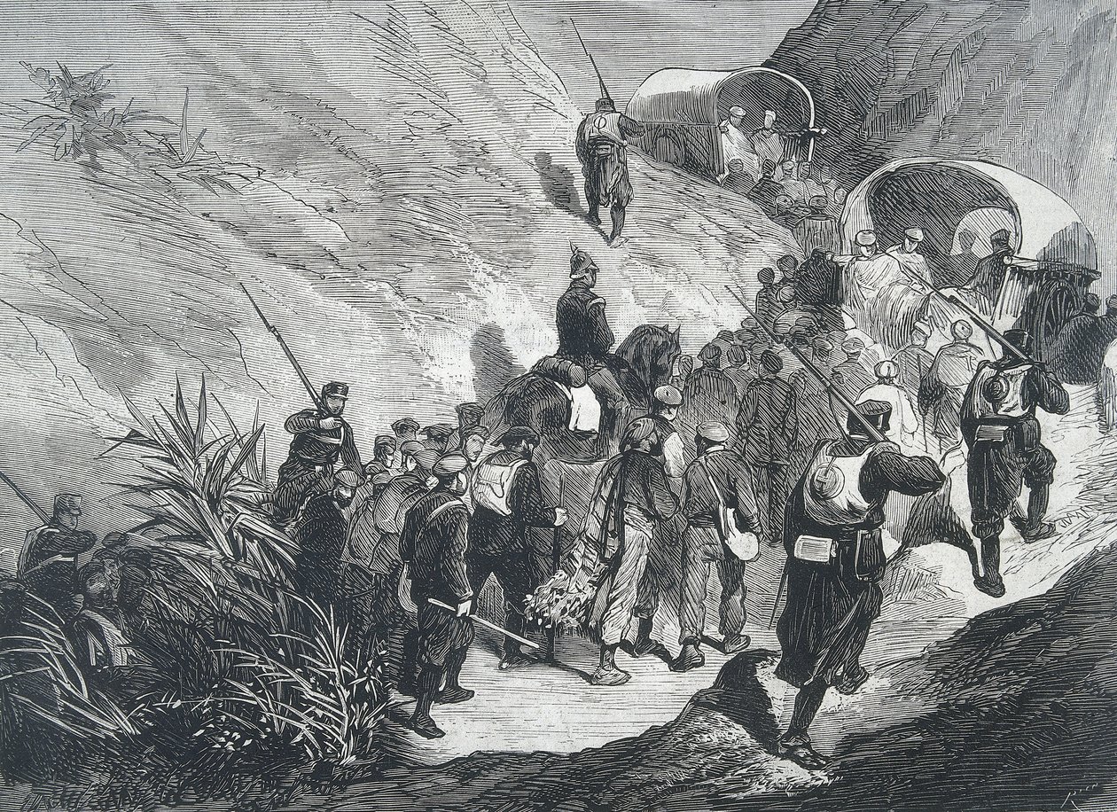 Španělsko. Třetí karlistická válka. Karlističtí zajatci na procházce po horách v Empordě (Katalánsko). Rytina. od Artist Unknown