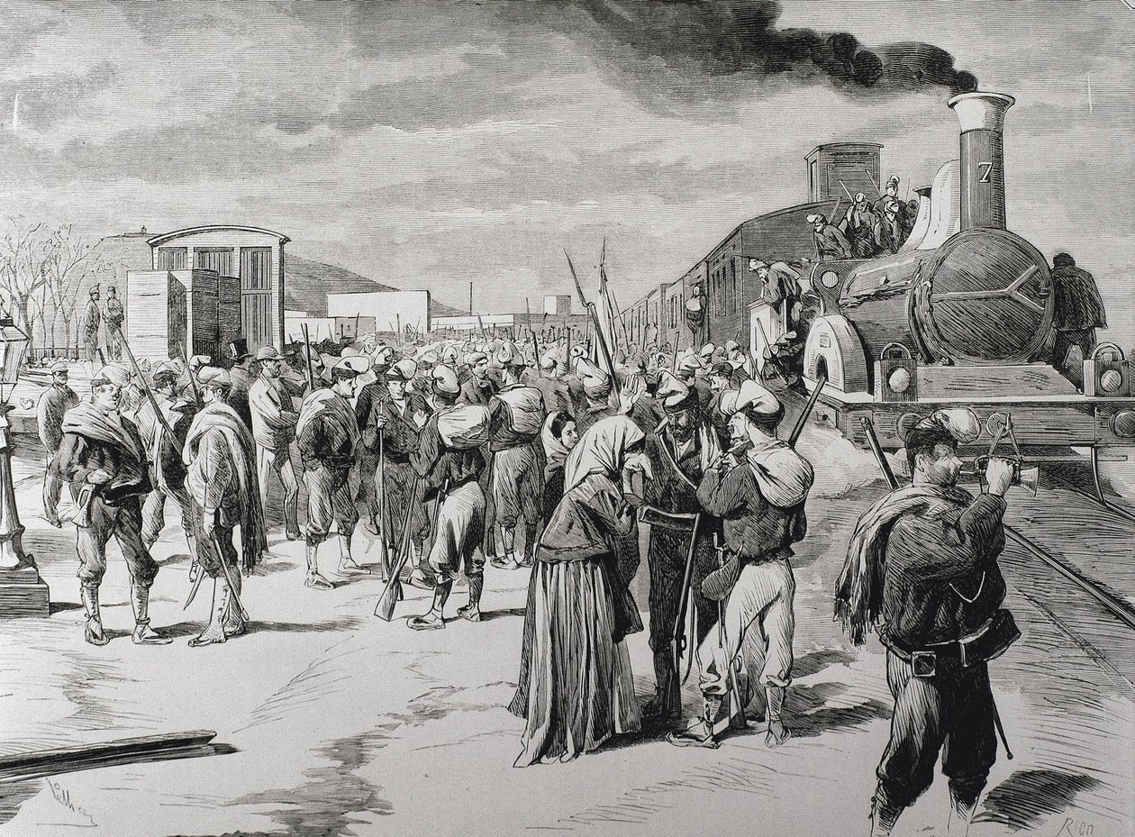 Španělsko. Třetí karlistická válka. Odchod praporu svobodného sboru proti karlistům z Barcelony. Obrázek z "La Ilustracion espanola y americana" (8. dubna 1873). Rytina od Artist Unknown