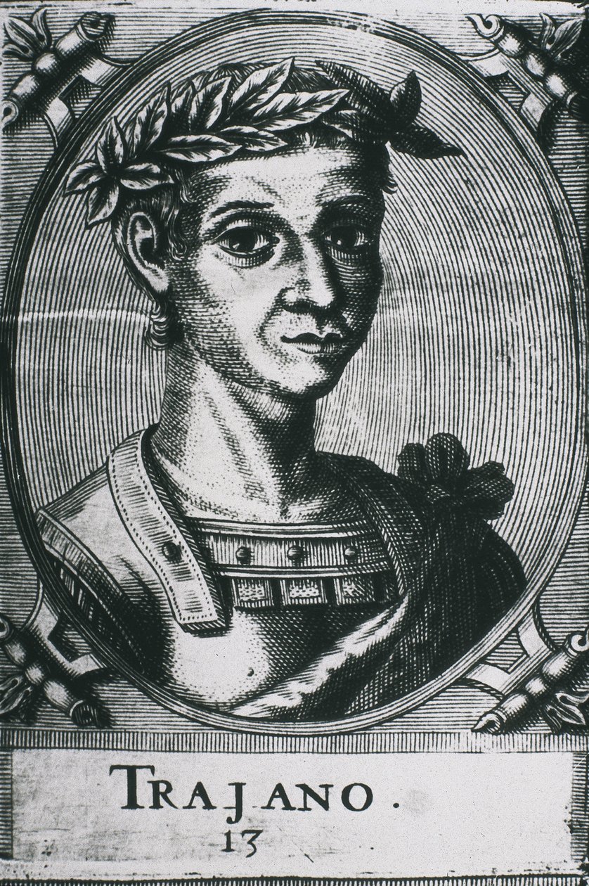 TRAJAN, Marcus Ulpius Traianus (53-117). Trajánův portrét s vavříny. Detail původní rytiny. Rytina. od Artist Unknown