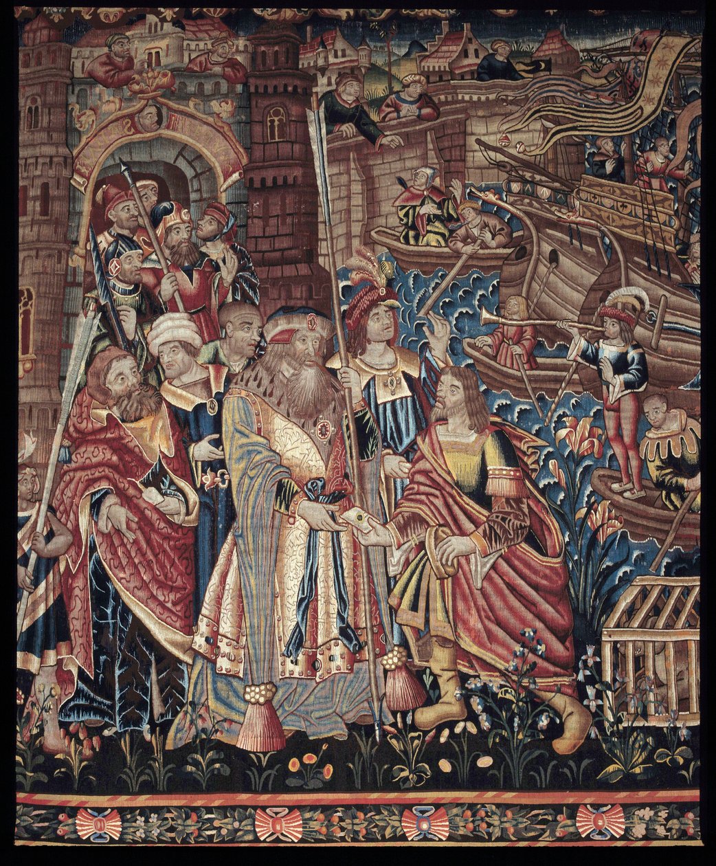 Portugalský mořeplavec Vasco de Gama (1459-1524) dorazil do indického Kaličutu v roce 1498, detail, tapiserie od Artist Unknown