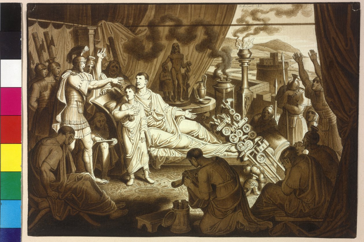 Umírající žena císaře Marka Aurela radí Pertinaxovi, jeho synovi Commodovi. od Artist Unknown
