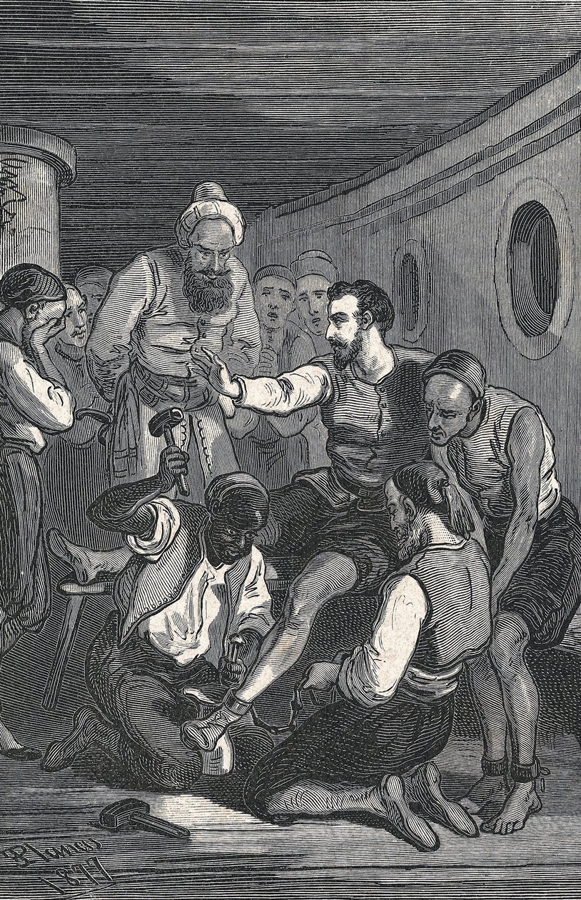 Trinidadští bratři Juan Gil a Anton de la Bella propustili Cervantese ze zajetí v Alžíru v roce 1580 (rytina) od Artist Unknown
