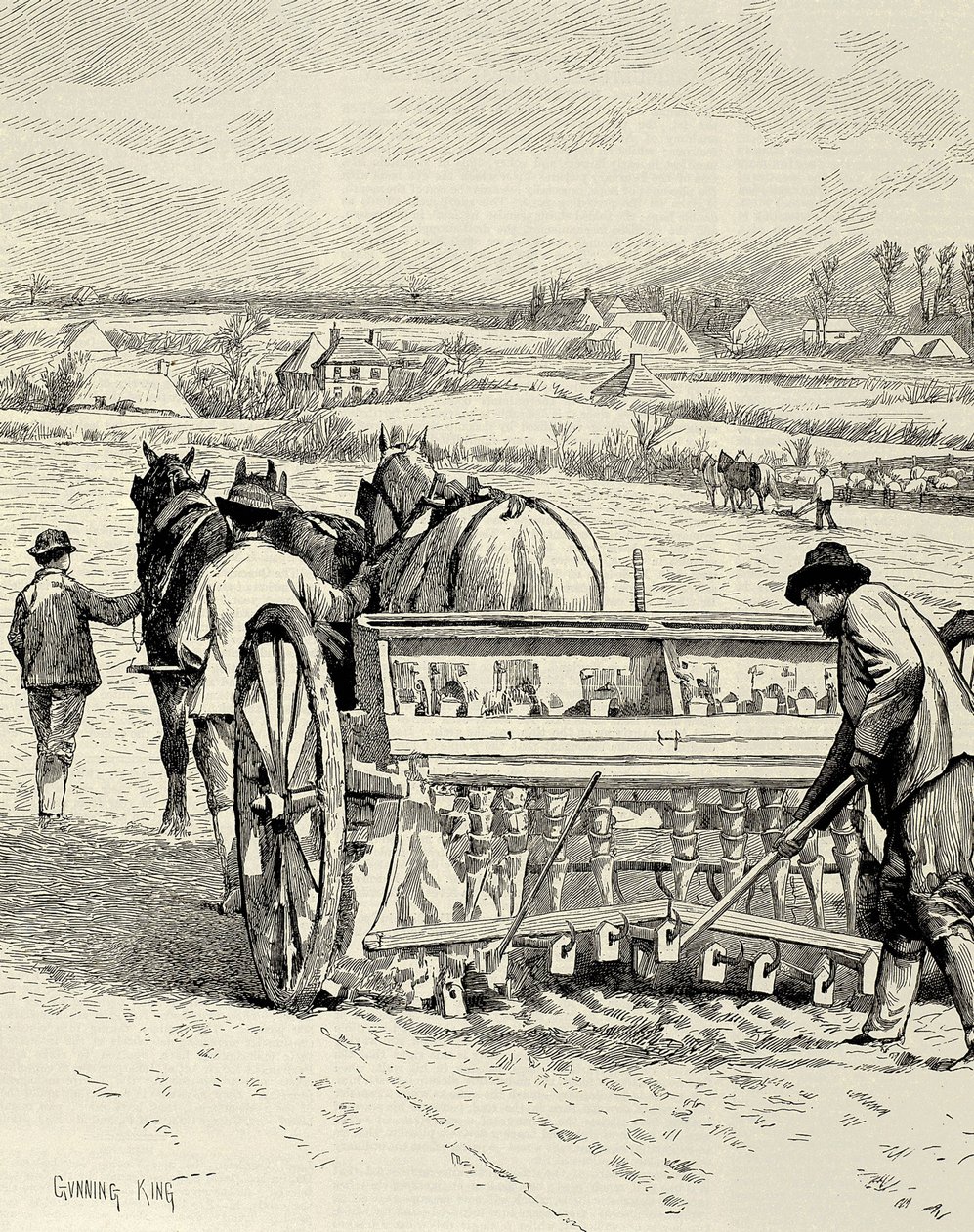 SPOJENÉ KRÁLOVSTVÍ. ANGLIE. Průmyslová revoluce. Vrtací stroj vynalezený Jethro Tull. Setí ječmene v únoru. Kresba Gunninga Kinga zveřejněná v "The Illustrated London News". Rytina. od Artist Unknown