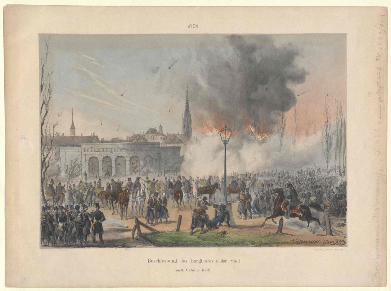 Vídeňské bombardování hradní brány a města v 31. října 1848 od Artist Unknown