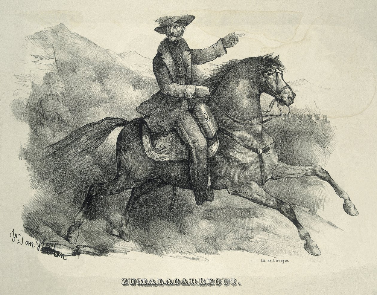ZUMALACARREGUI, Tomas (1788-1835). Karlistický generál. Španělsko. První karlistická válka. Zumalacarregui na koni. Rytina. od Artist Unknown