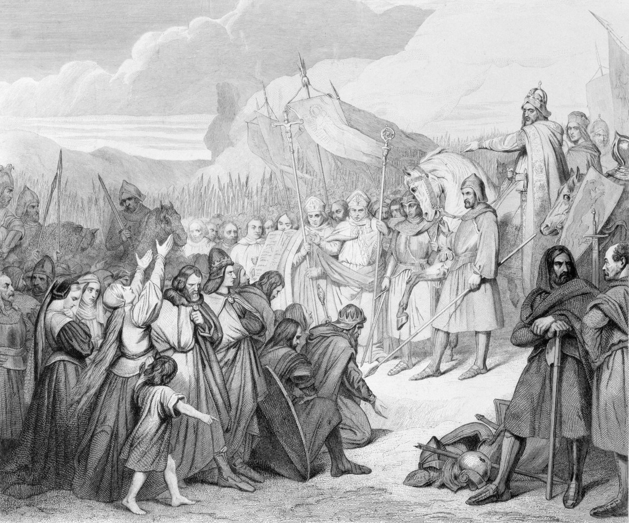 Karel Veliký přijímá kapitulaci Witikind (sic) v Paderbornu v roce 785, vyrytou Joubertem od Ary Scheffer