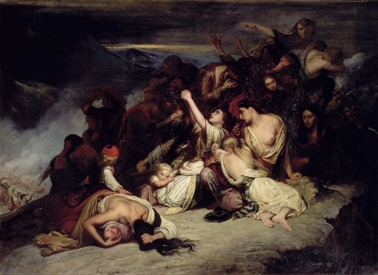 Zoufalé ženy z Rumili, když viděly své manžely poražené jednotkami Ali Pasha, ‚lva z Janiny‘, se v roce 1803 vrhaly ze skal od Ary Scheffer