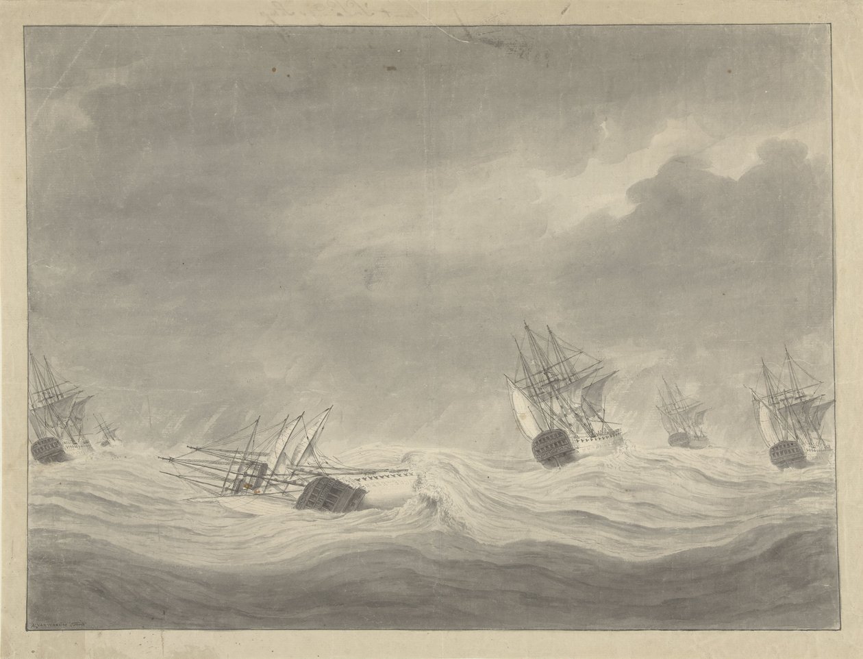 Potopení lodi De Unie pod vedením kapitána Graafa van Welderena v Severním moři, 19. října 1782 od Ary van Wanum